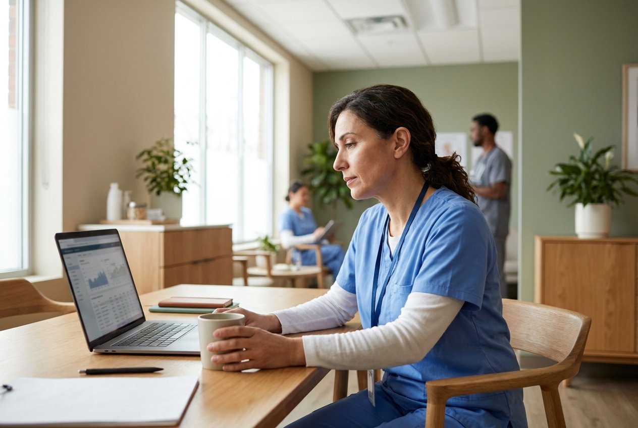 Clinician using a computer in a modern clinic
