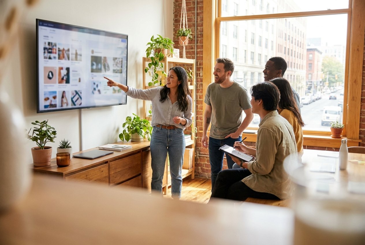 Marketing team reviewing content on a screen