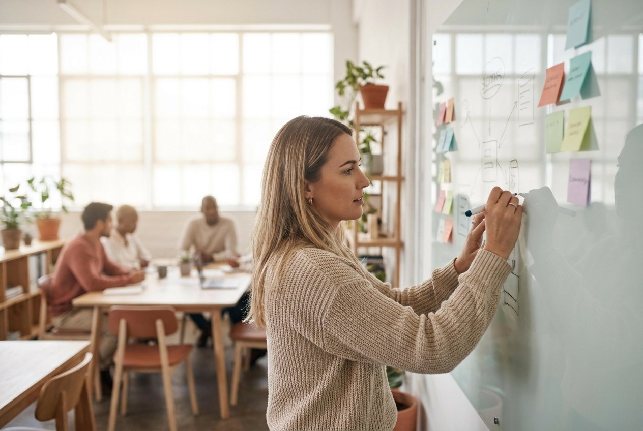Founder mapping an AI plan on a whiteboard